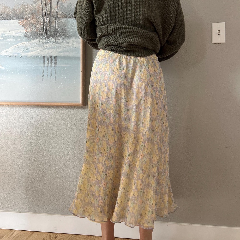 Y2K Silk Floral‎ Midi Skirt Bias Cut Cottagecore soft romantic layering Slip - Picture 5 of 9